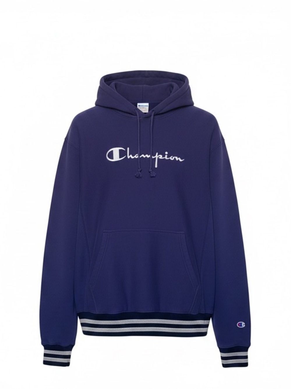 Champion Reverse Weave Navy Logo Hoodie Striped Ribbed Hem Large